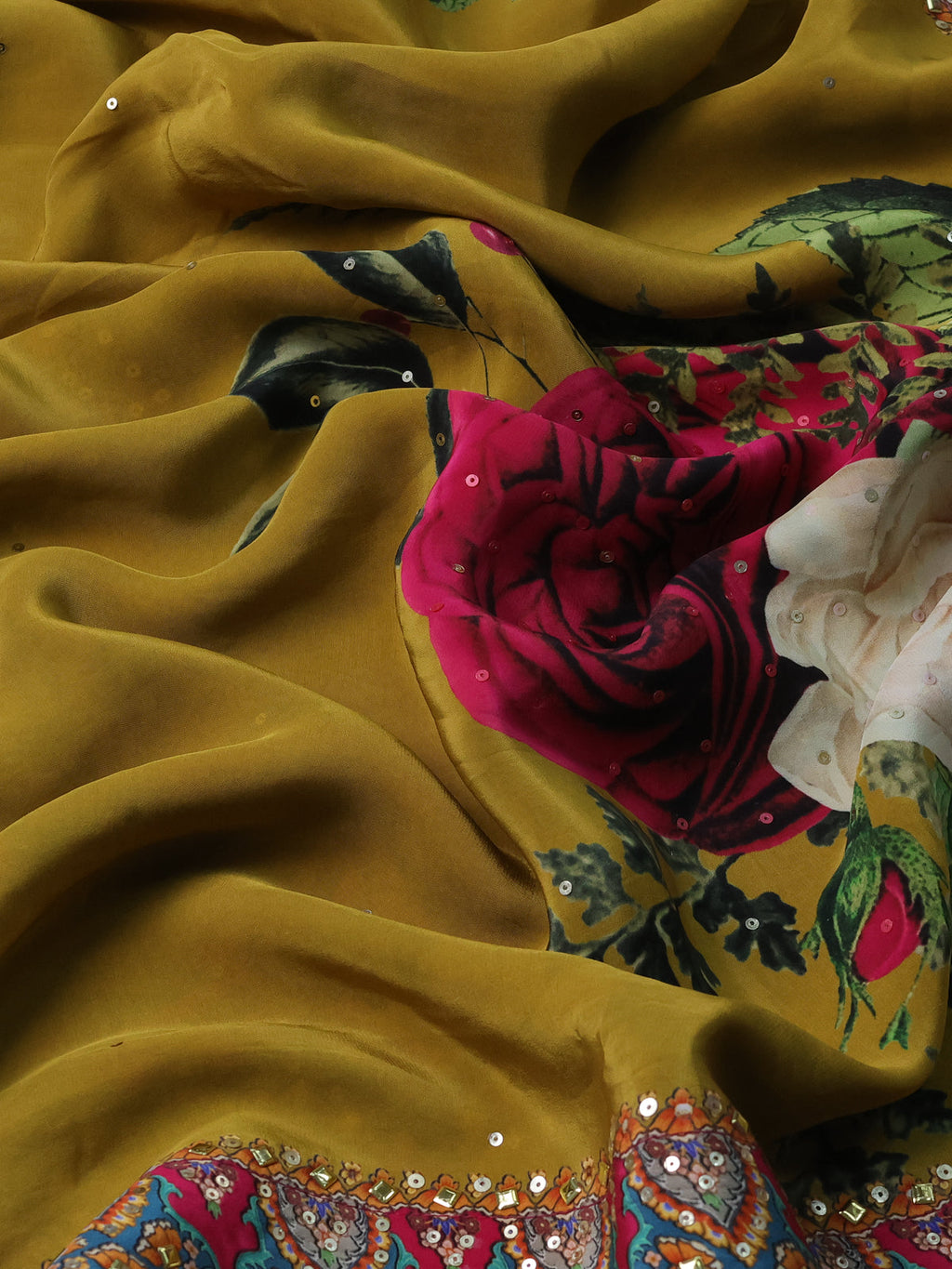 Mustard Yellow-Pink Printed Crepe Desinger Saree