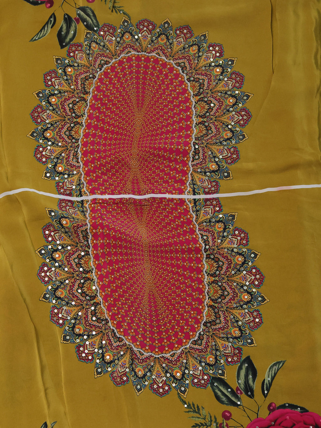 Mustard Yellow-Pink Printed Crepe Desinger Saree
