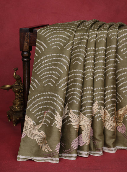 Sap Green-Cream Pure Tussar Silk Saree
