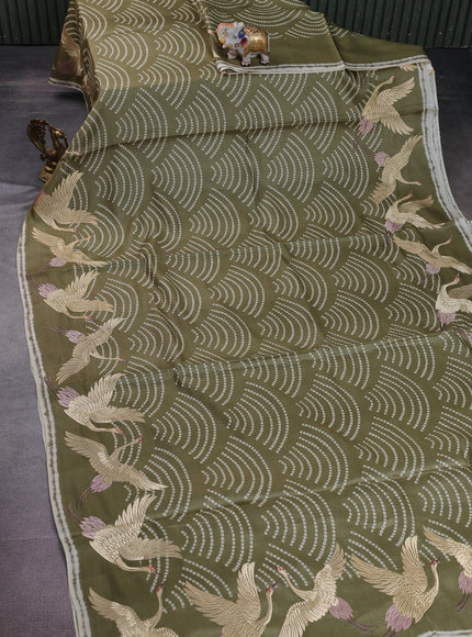 Sap Green-Cream Pure Tussar Silk Saree