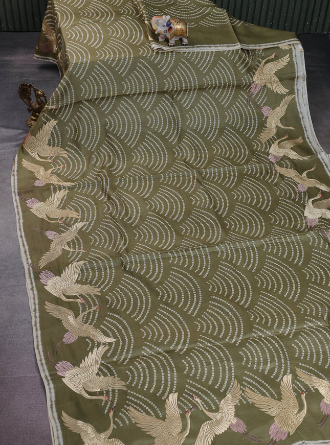 Sap Green-Cream Pure Tussar Silk Saree