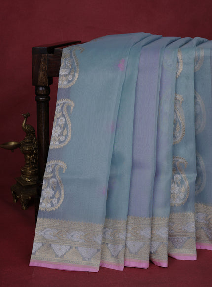 Light Blue-Light Pink Banarasi Kora Silk Saree