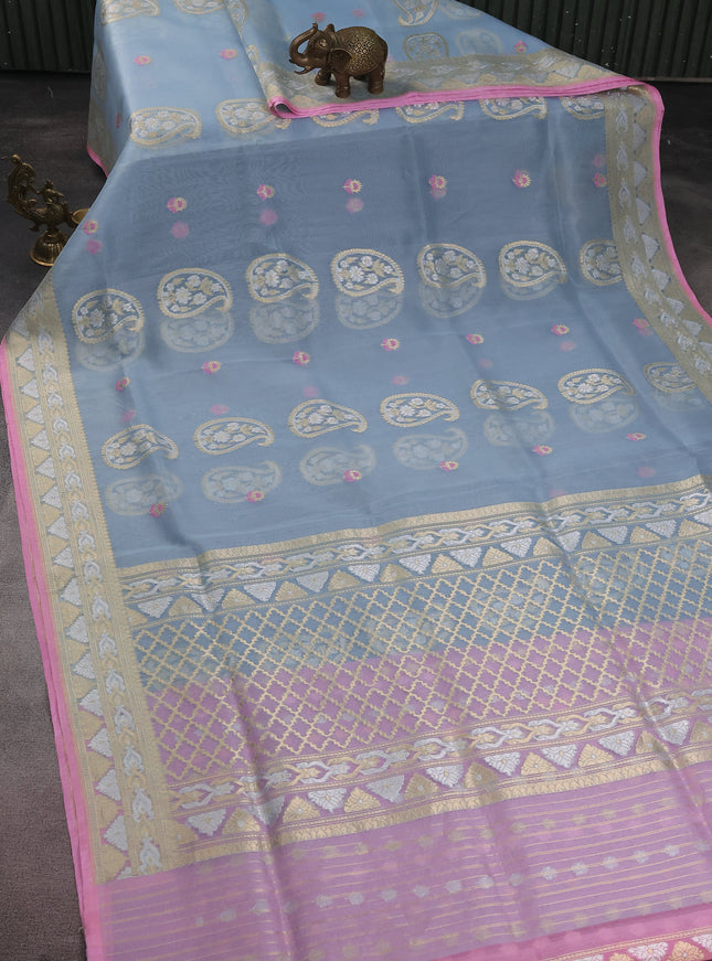 Light Blue-Light Pink Banarasi Kora Silk Saree