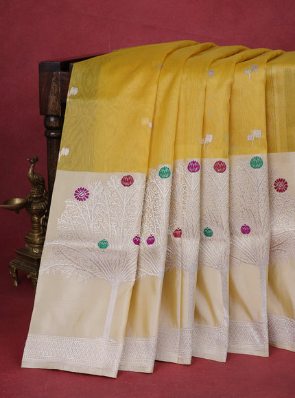 Yellow-Cream Banarasi Kora Silk Saree