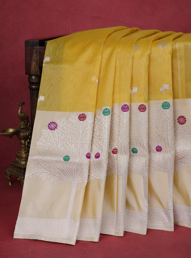 Yellow-Cream Banarasi Kora Silk Saree