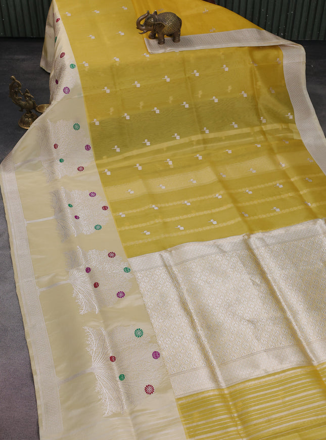 Yellow-Cream Banarasi Kora Silk Saree