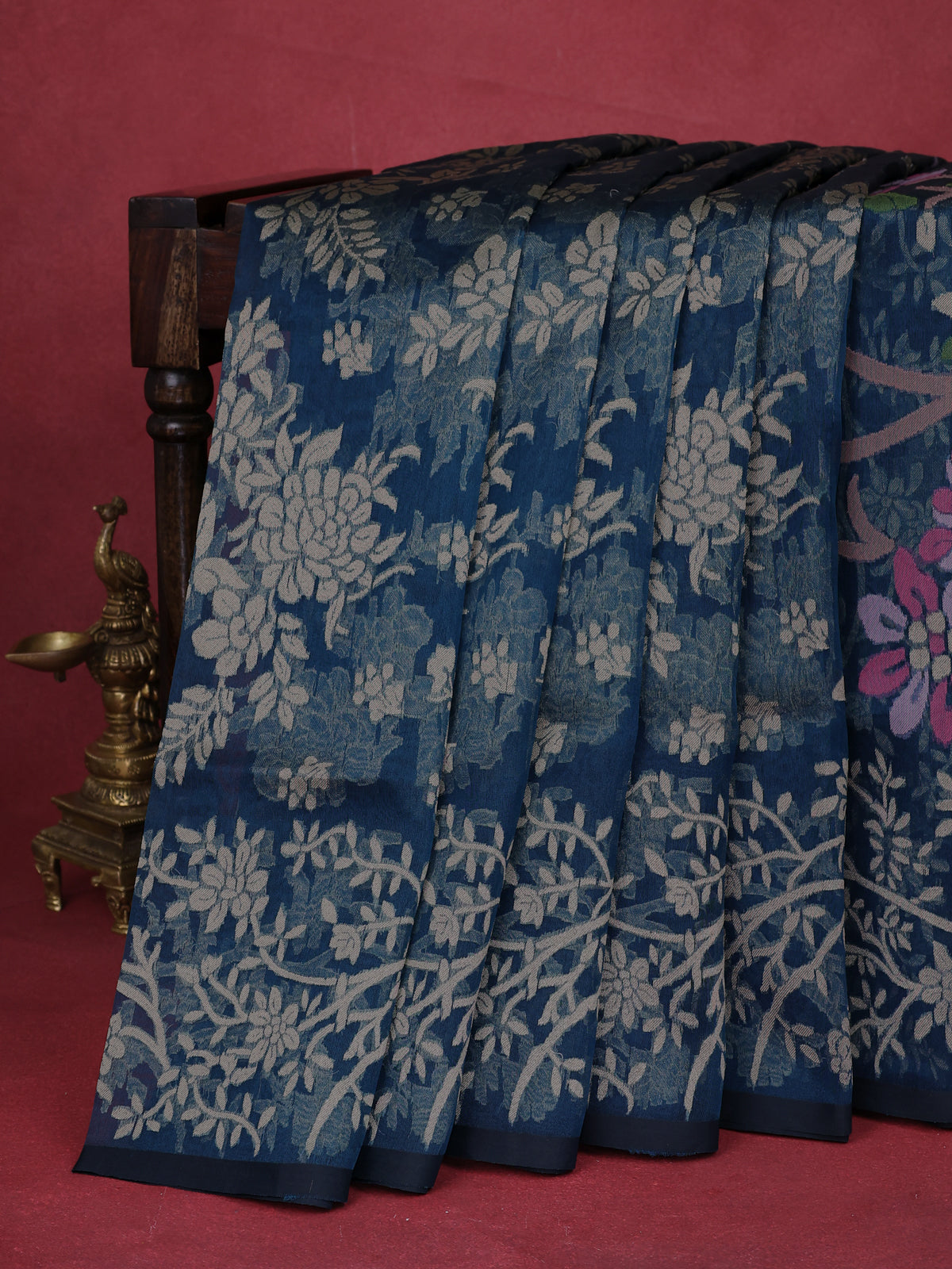 Peacock Blue Banarasi Kora Silk Saree