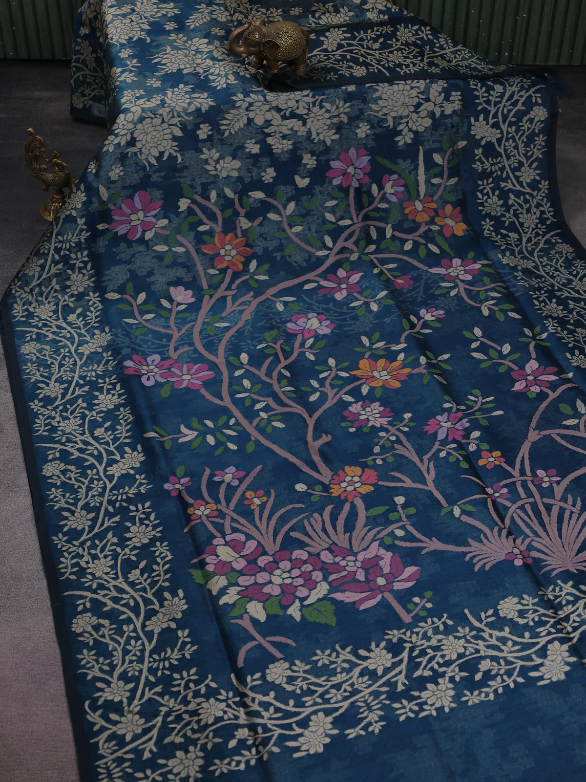 Peacock Blue Banarasi Kora Silk Saree