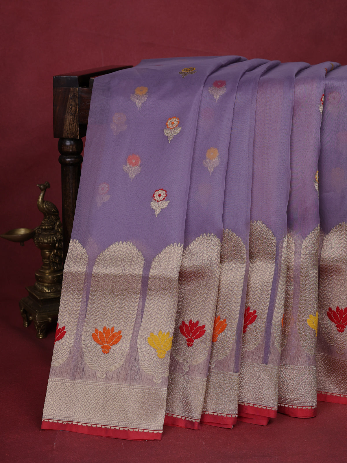 Pastel Lavender-Red Banarasi Kora Silk Saree