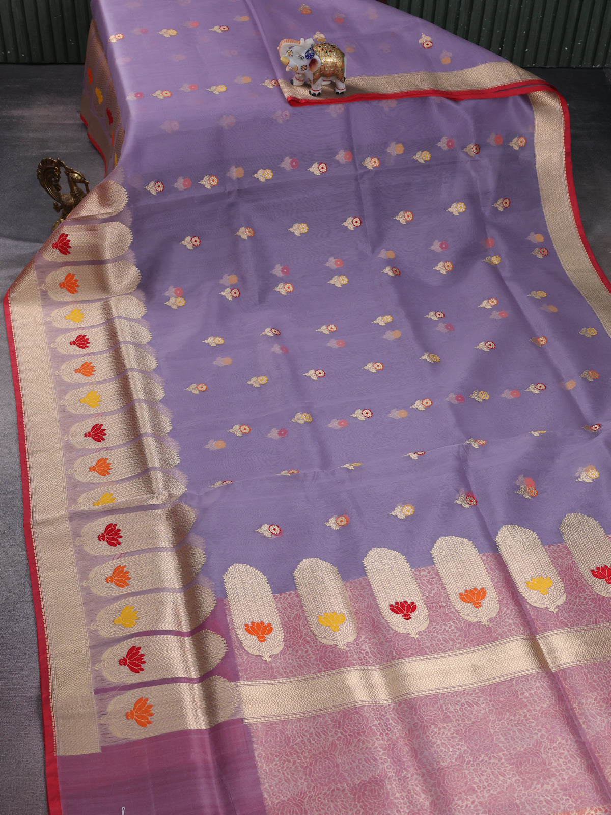 Pastel Lavender-Red Banarasi Kora Silk Saree