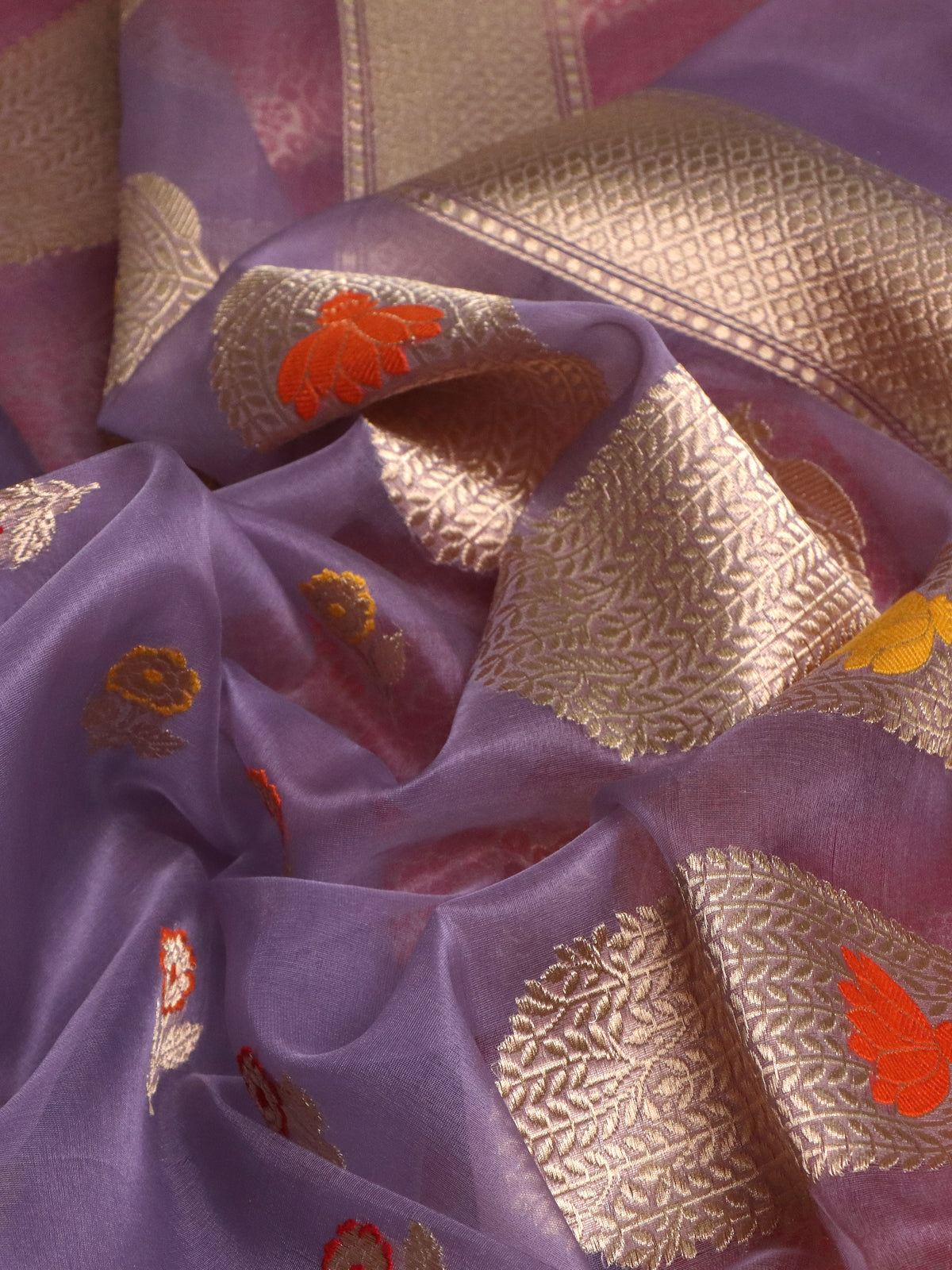 Pastel Lavender-Red Banarasi Kora Silk Saree