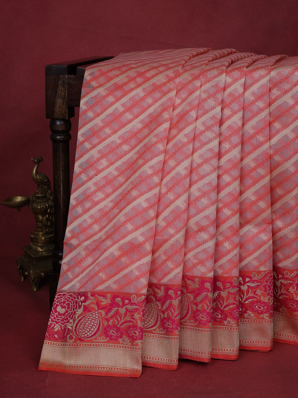 Peach Orange Banarasi Kora Silk Saree