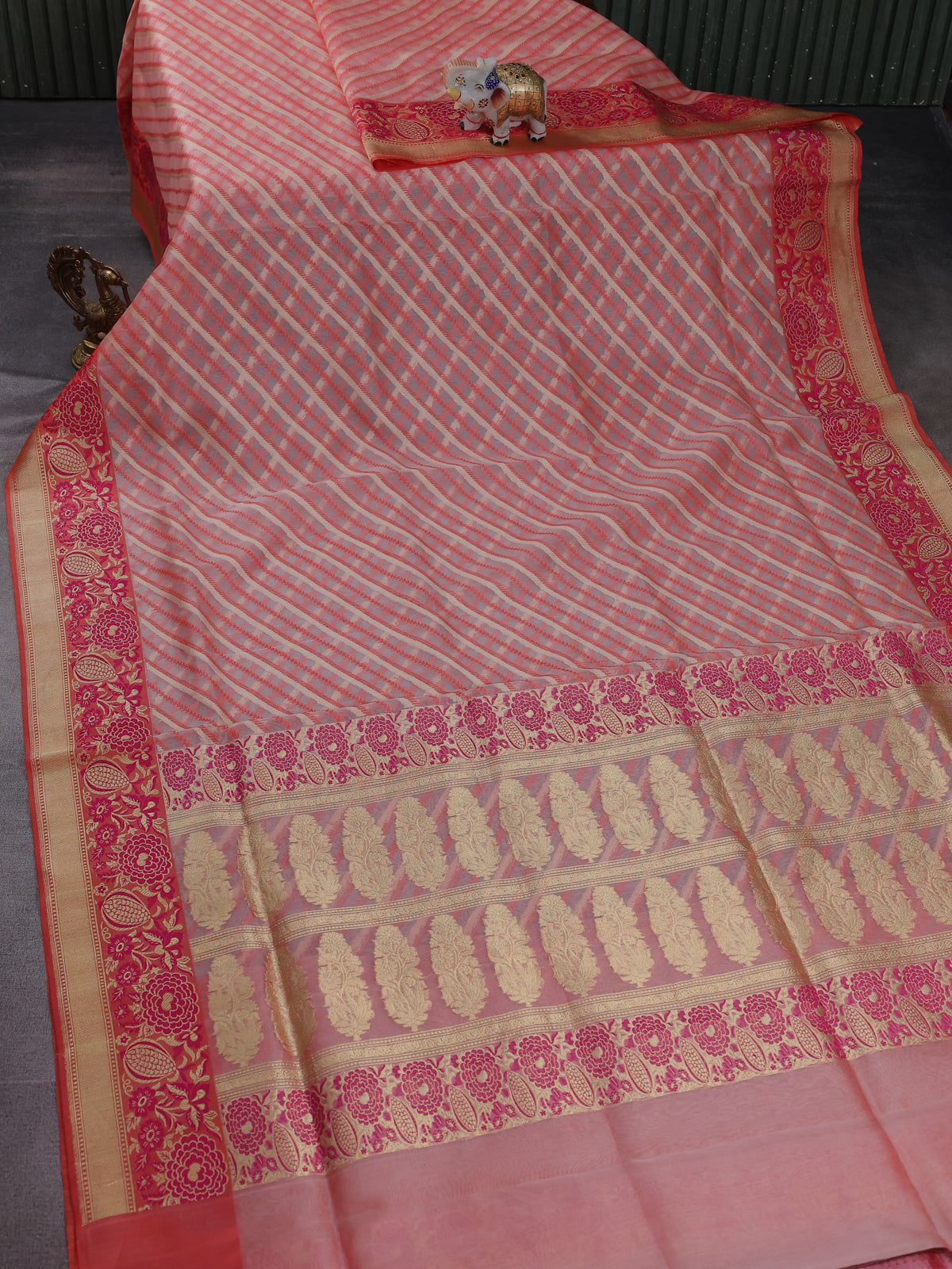 Peach Orange Banarasi Kora Silk Saree