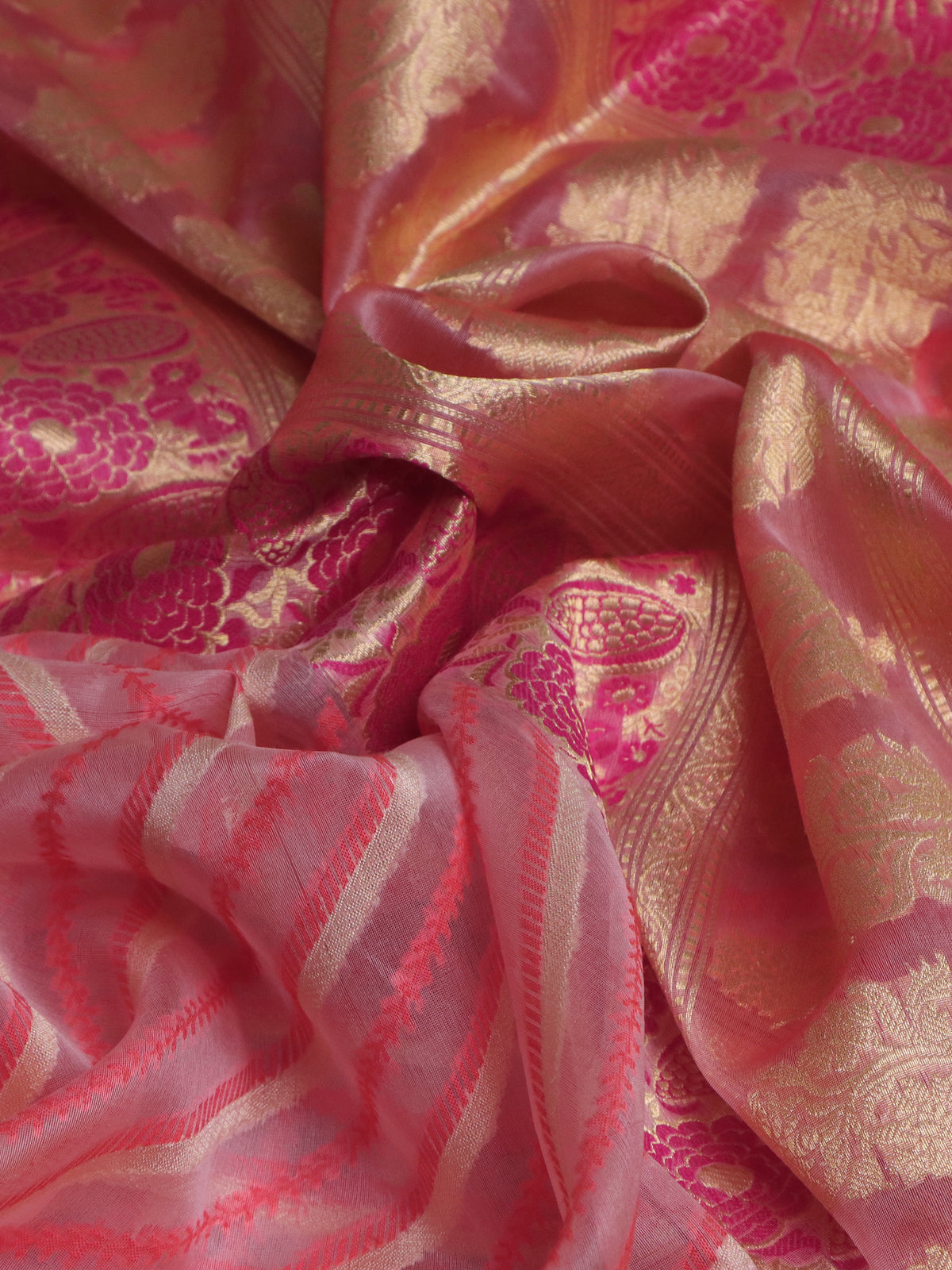 Peach Orange Banarasi Kora Silk Saree