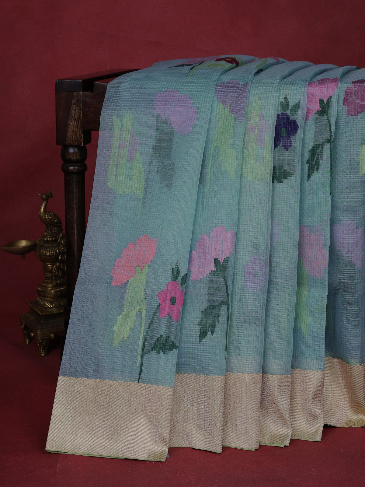 Light Blue- Pista Green Banarasi Kora Silk Saree