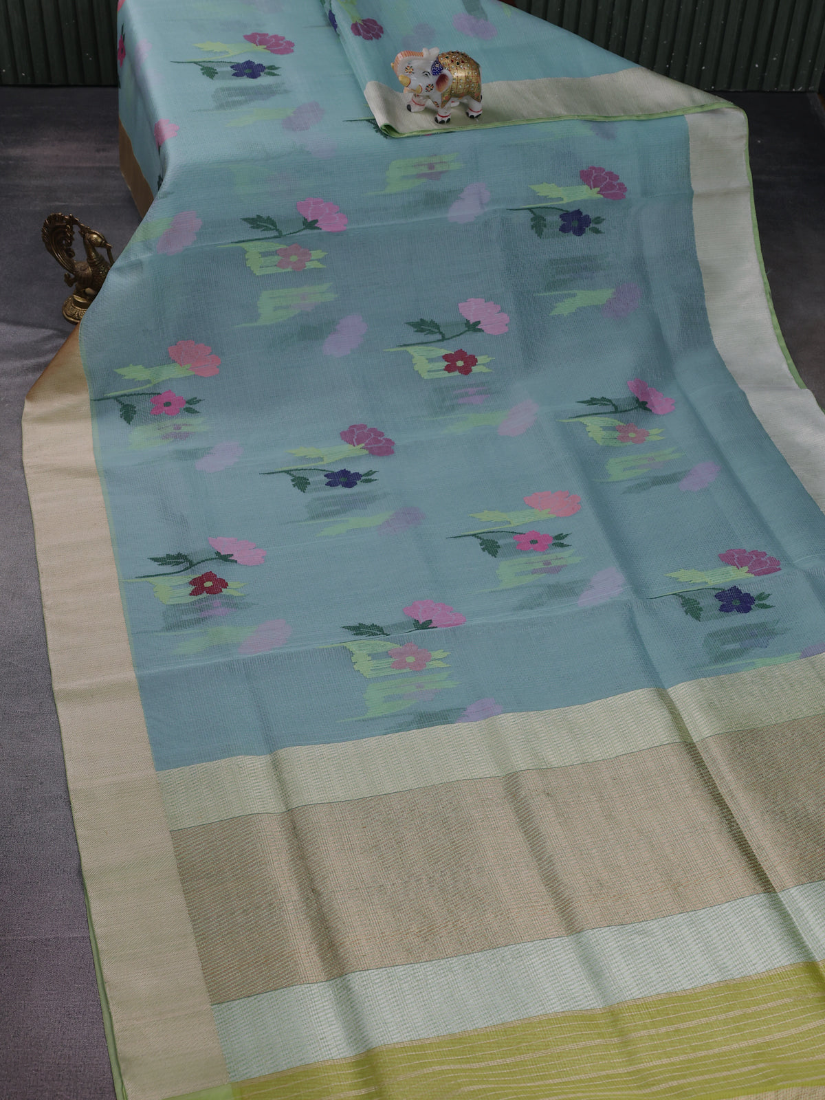 Light Blue- Pista Green Banarasi Kora Silk Saree