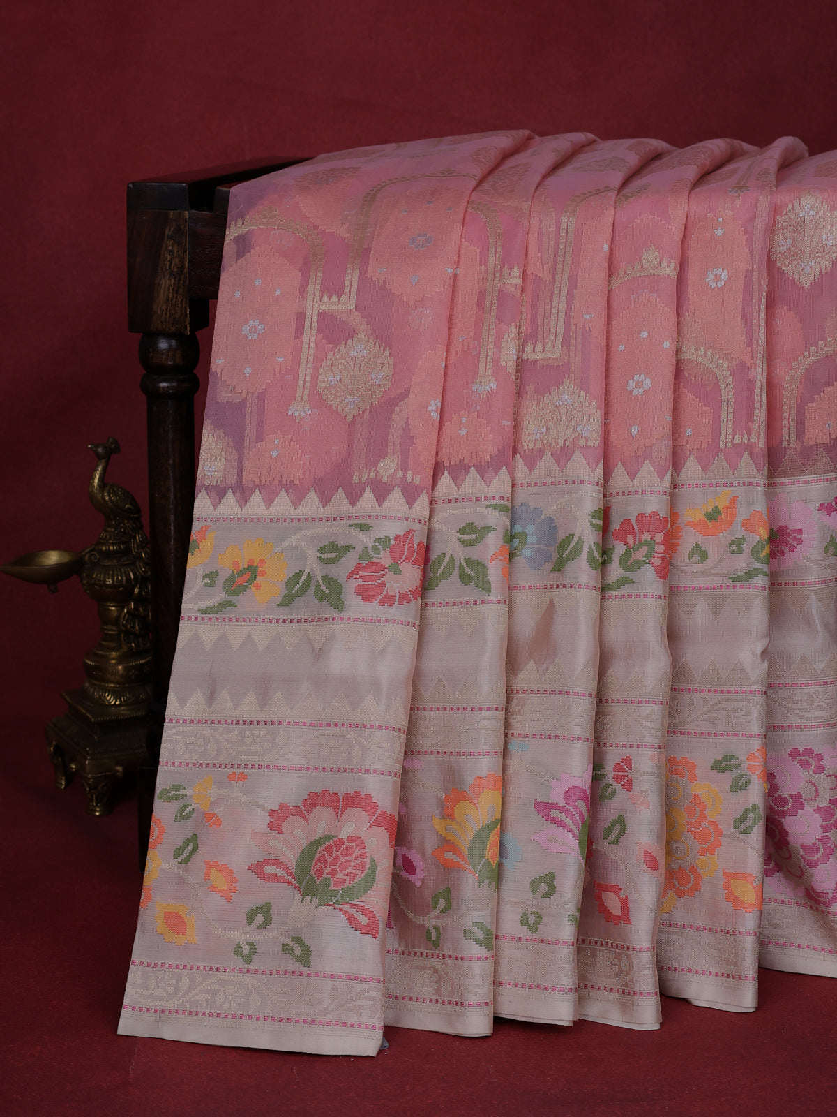 Peach Pink-Cream Banarasi Kora Silk Saree