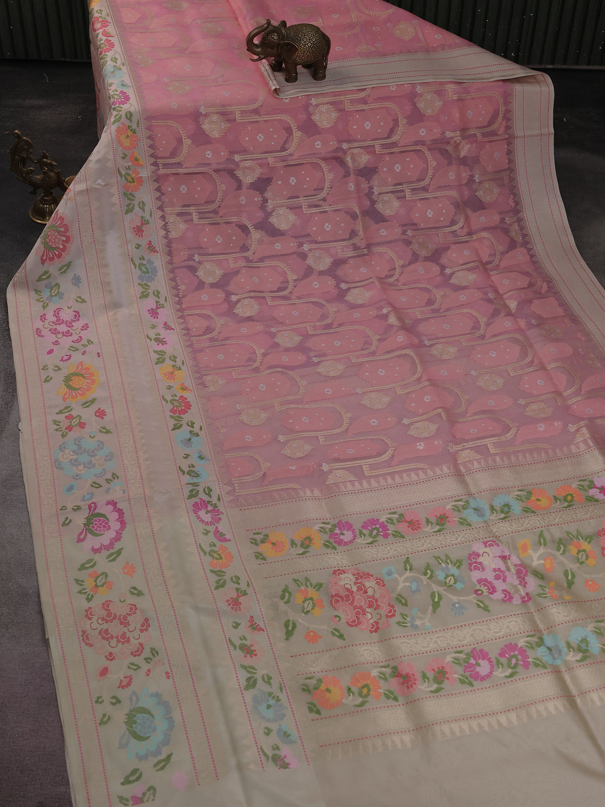 Peach Pink-Cream Banarasi Kora Silk Saree