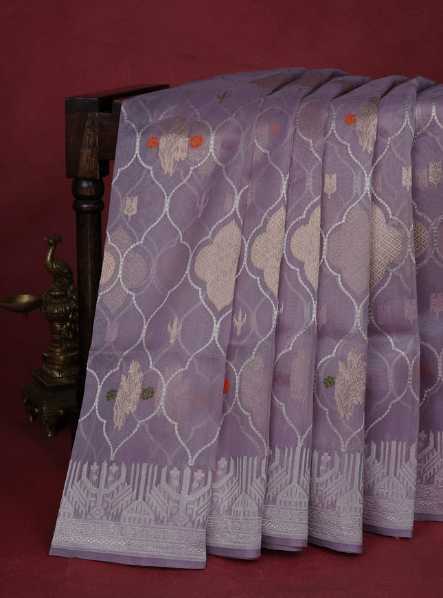 Pastel Grey Banarasi Kora Silk Saree