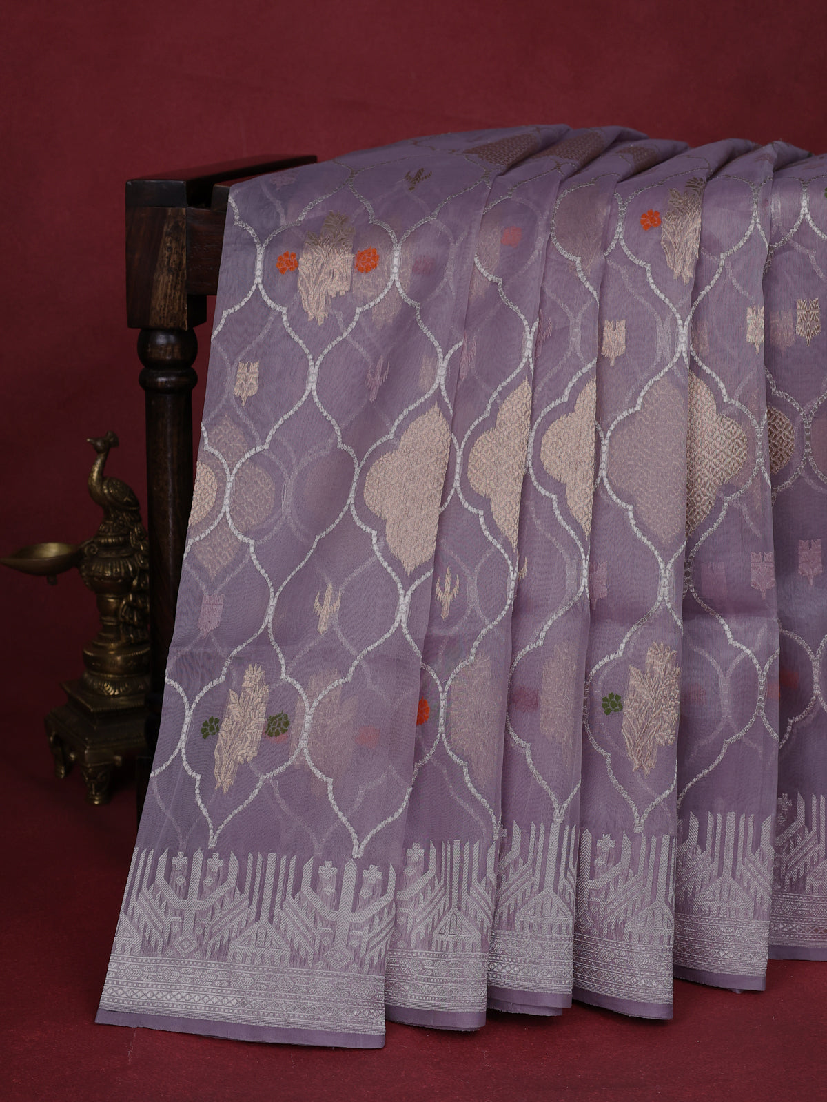 Pastel Grey Banarasi Kora Silk Saree