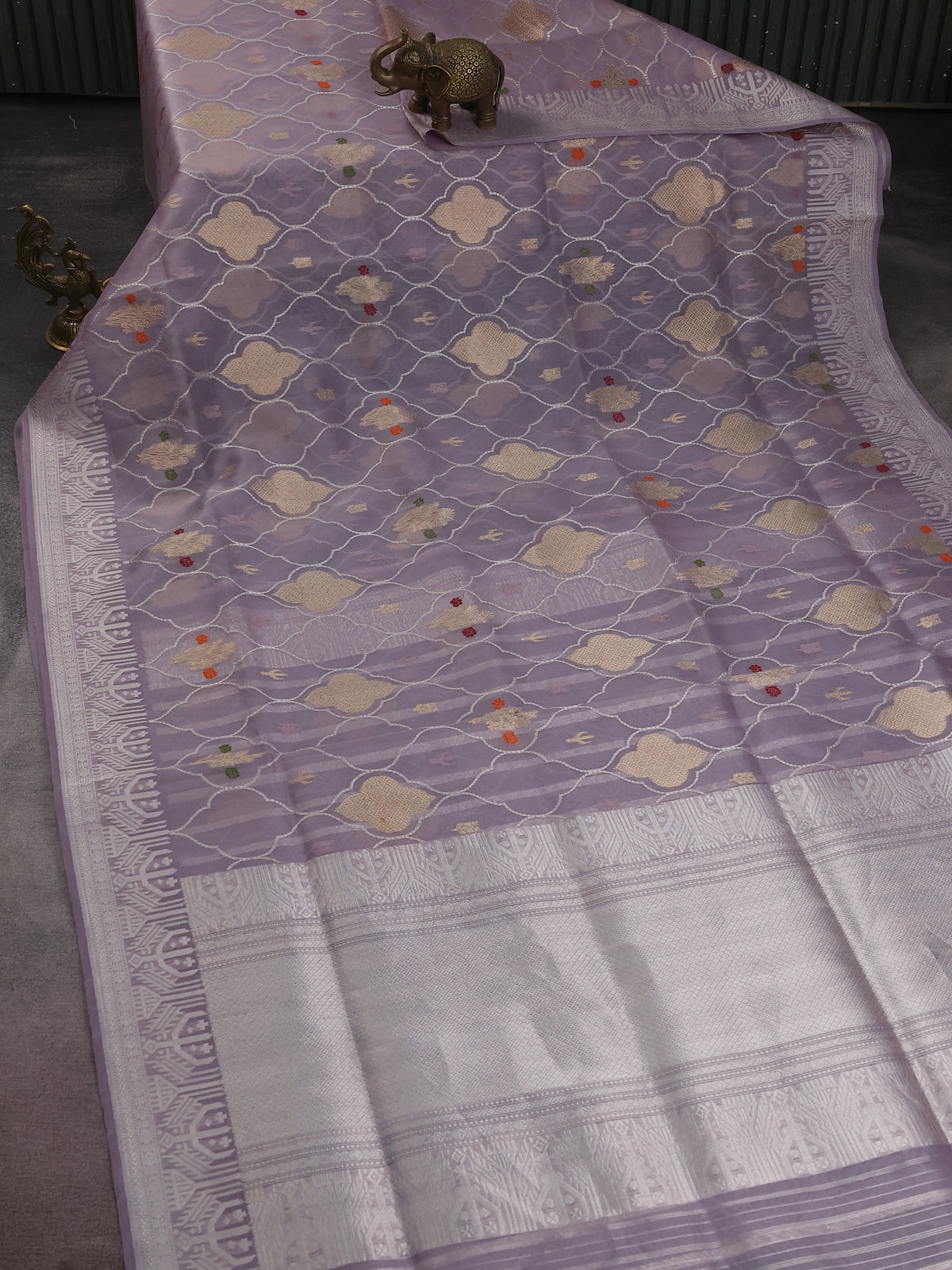 Pastel Grey Banarasi Kora Silk Saree