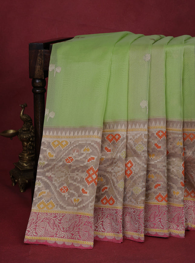 Light Green-Pink Banarasi Kora Silk Saree