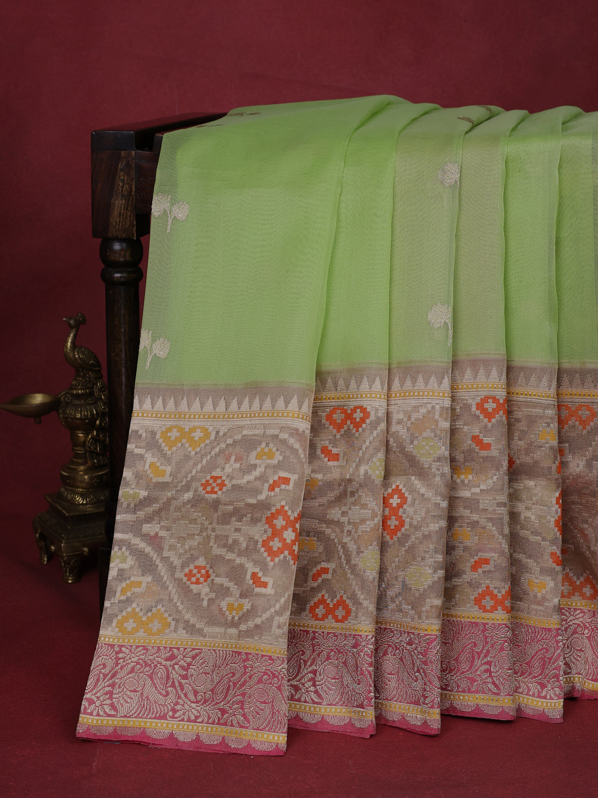 Light Green-Pink Banarasi Kora Silk Saree