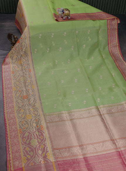 Light Green-Pink Banarasi Kora Silk Saree