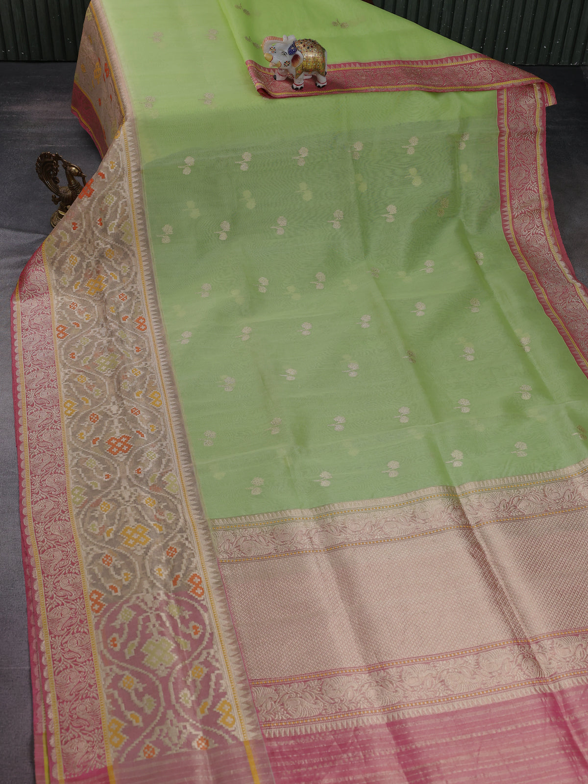 Light Green-Pink Banarasi Kora Silk Saree
