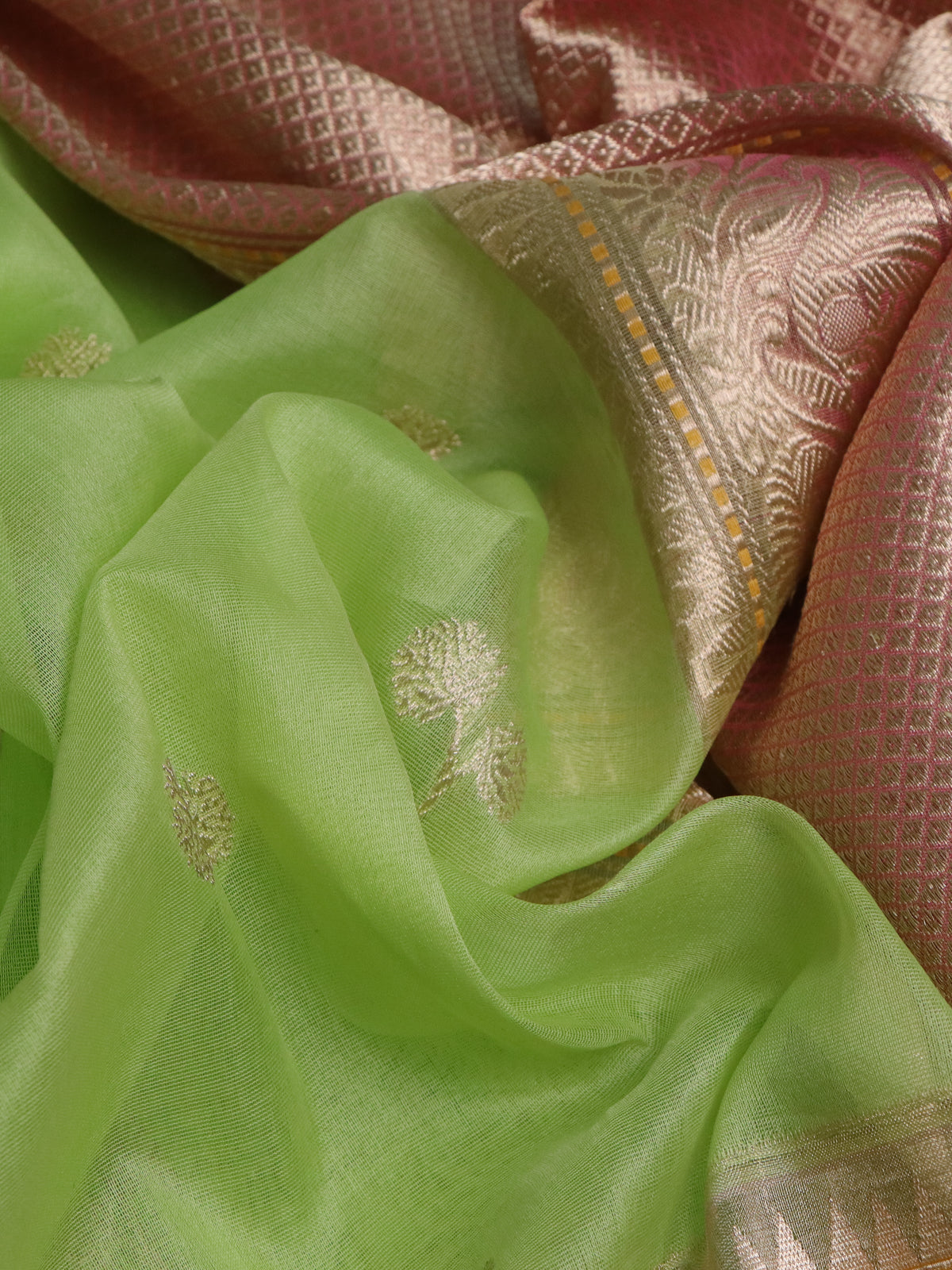 Light Green-Pink Banarasi Kora Silk Saree