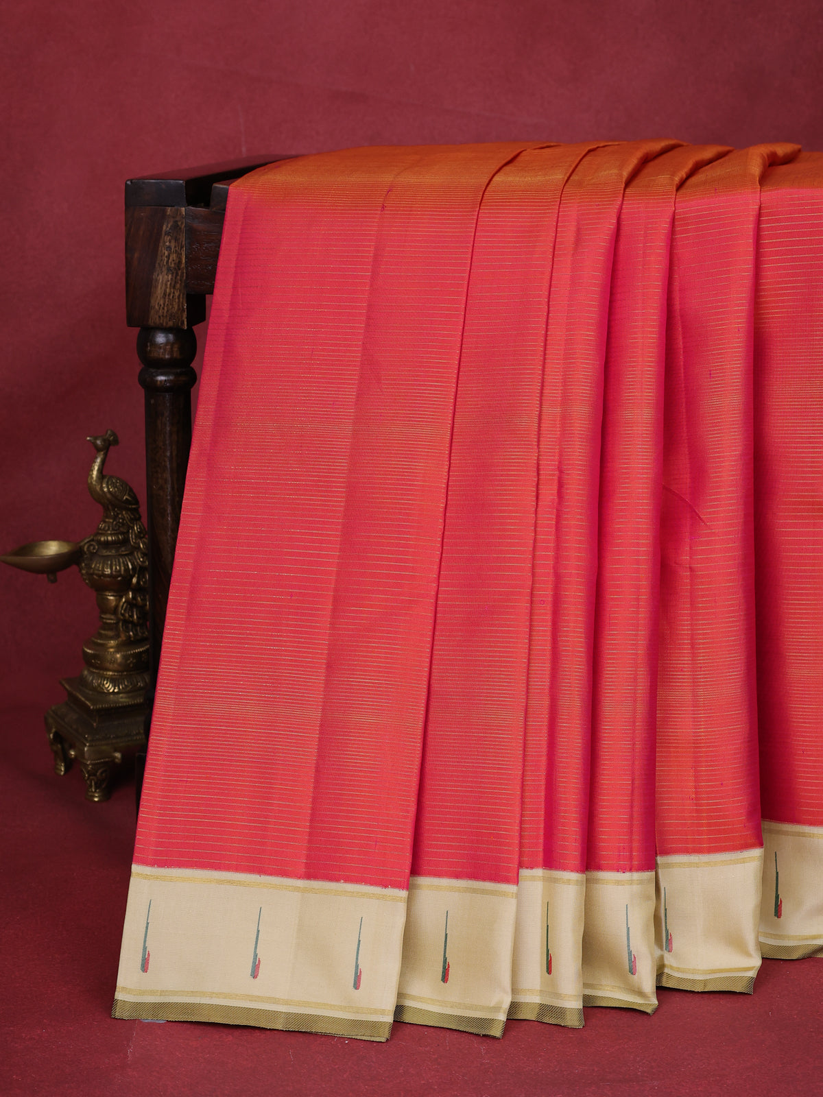Peach Orange -Cream Kanchipuram Silk Saree