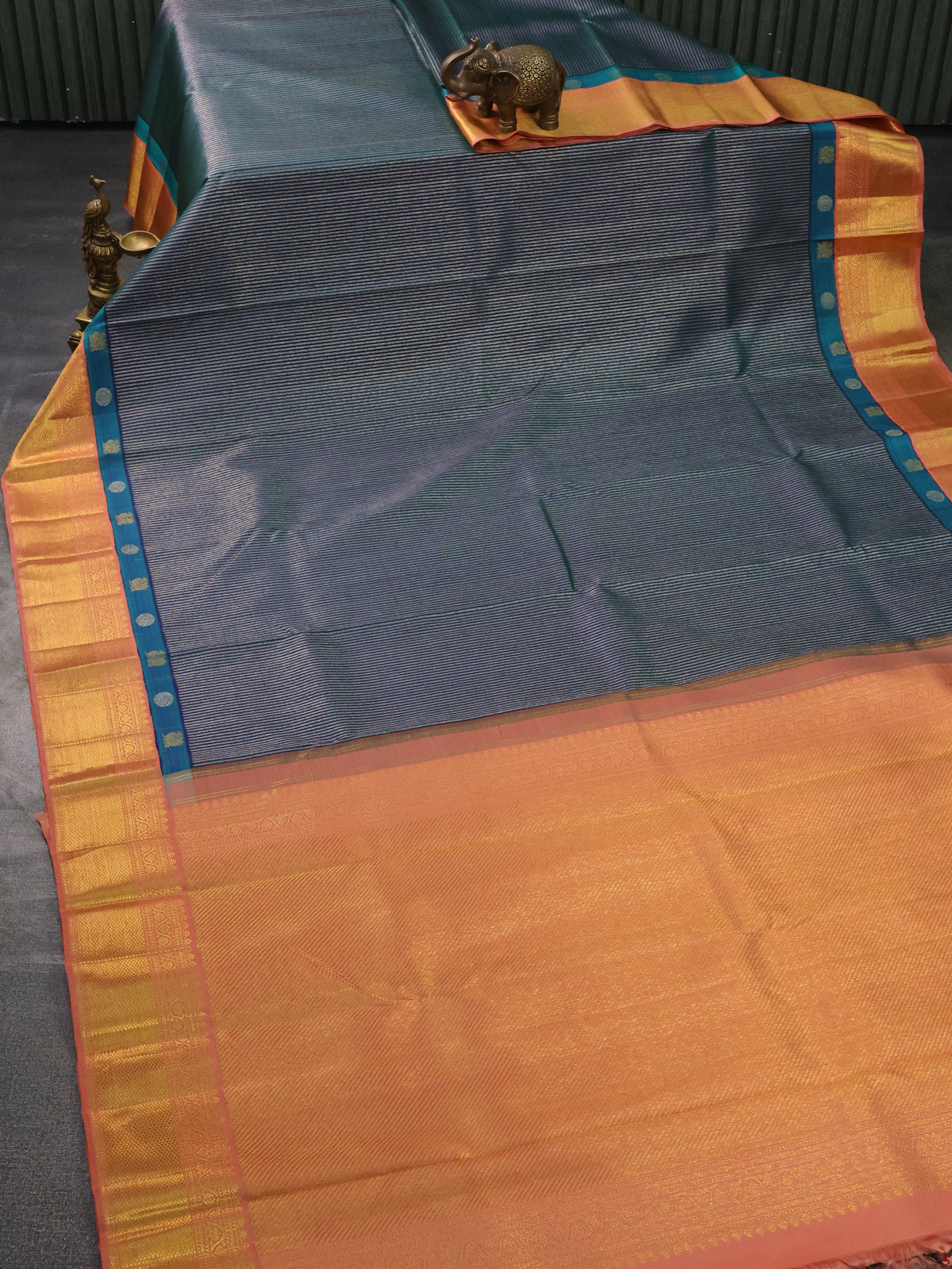 Peacock Blue-Peach Kanchipuram Silk Saree