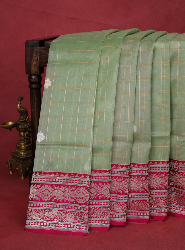 Pastel Green-Pink Banarasi Kora Saree