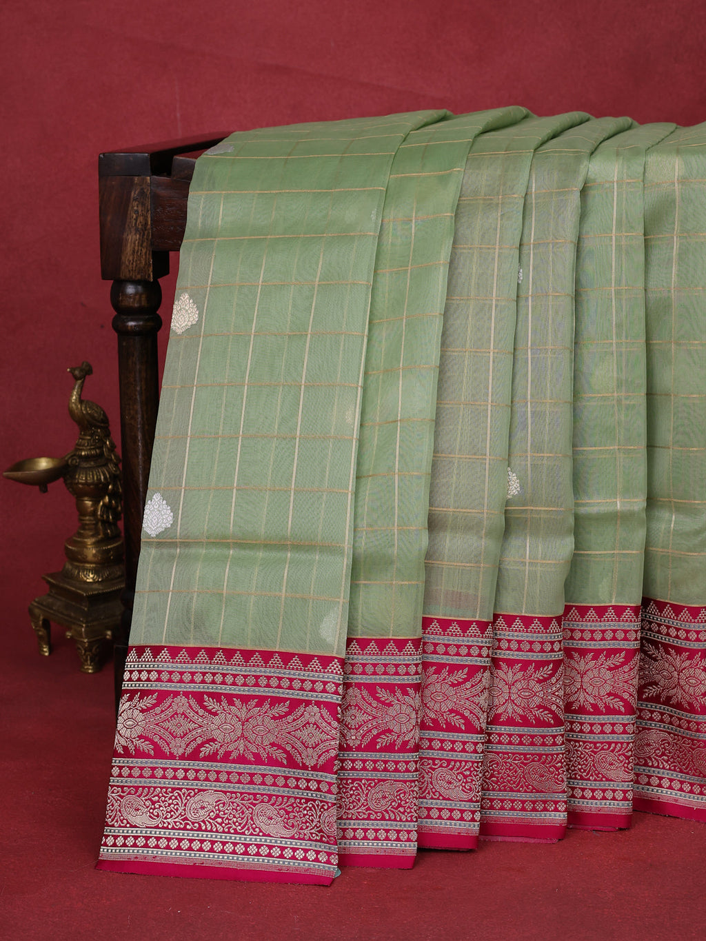 Pastel Green-Pink Banarasi Kora Saree