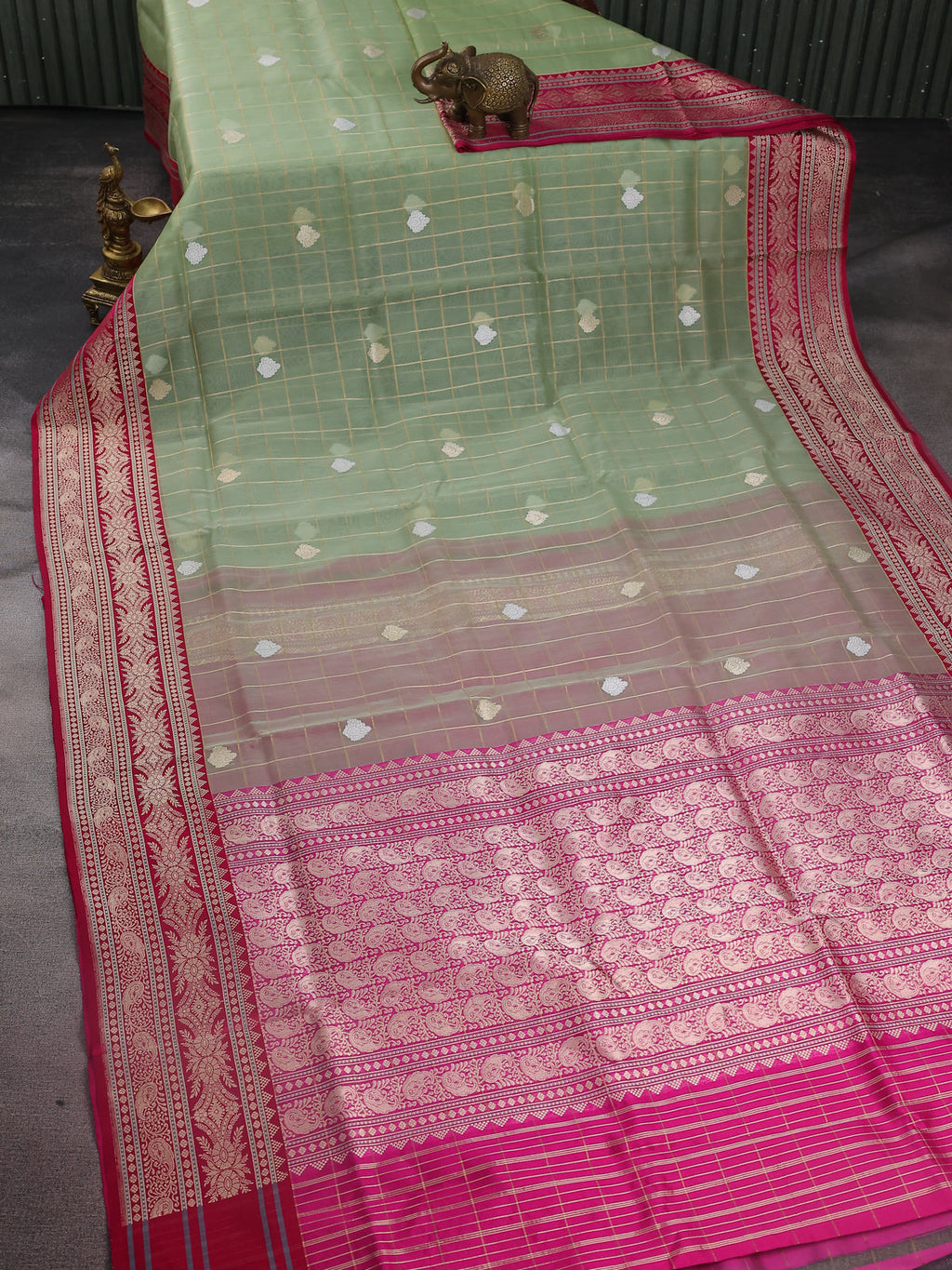 Pastel Green-Pink Banarasi Kora Saree