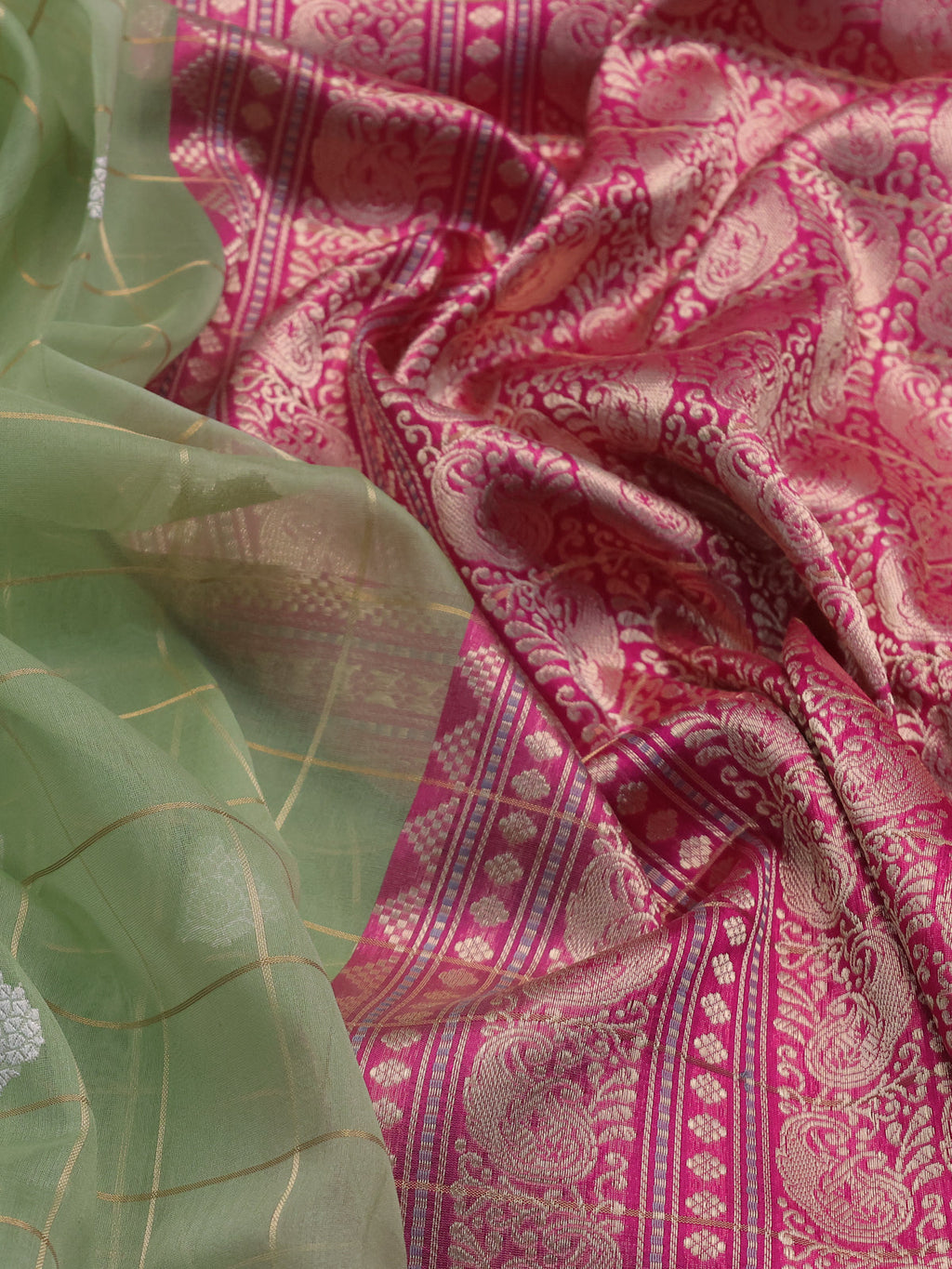 Pastel Green-Pink Banarasi Kora Saree
