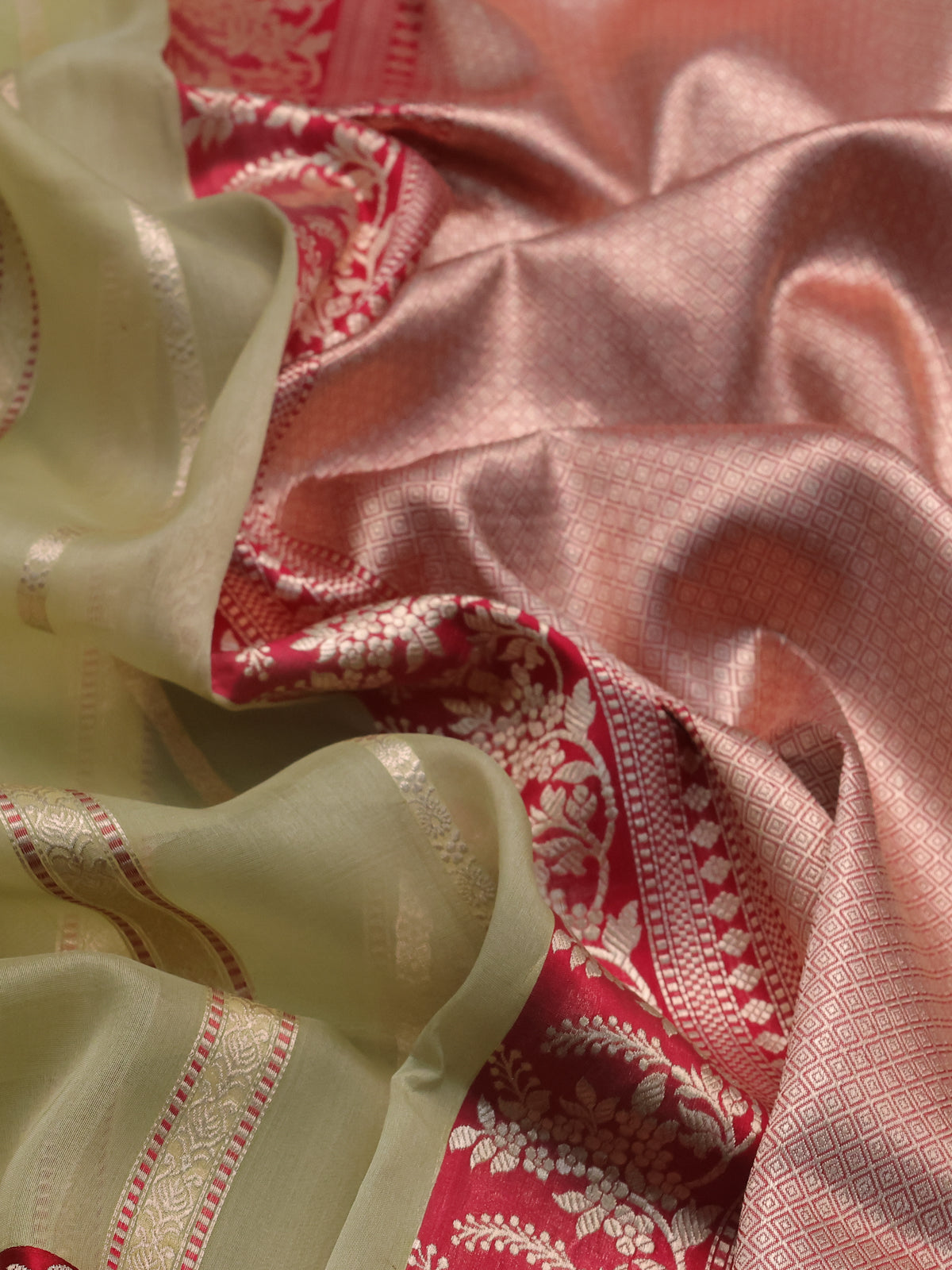 Pista Green-Pink Banarasi Kora Saree
