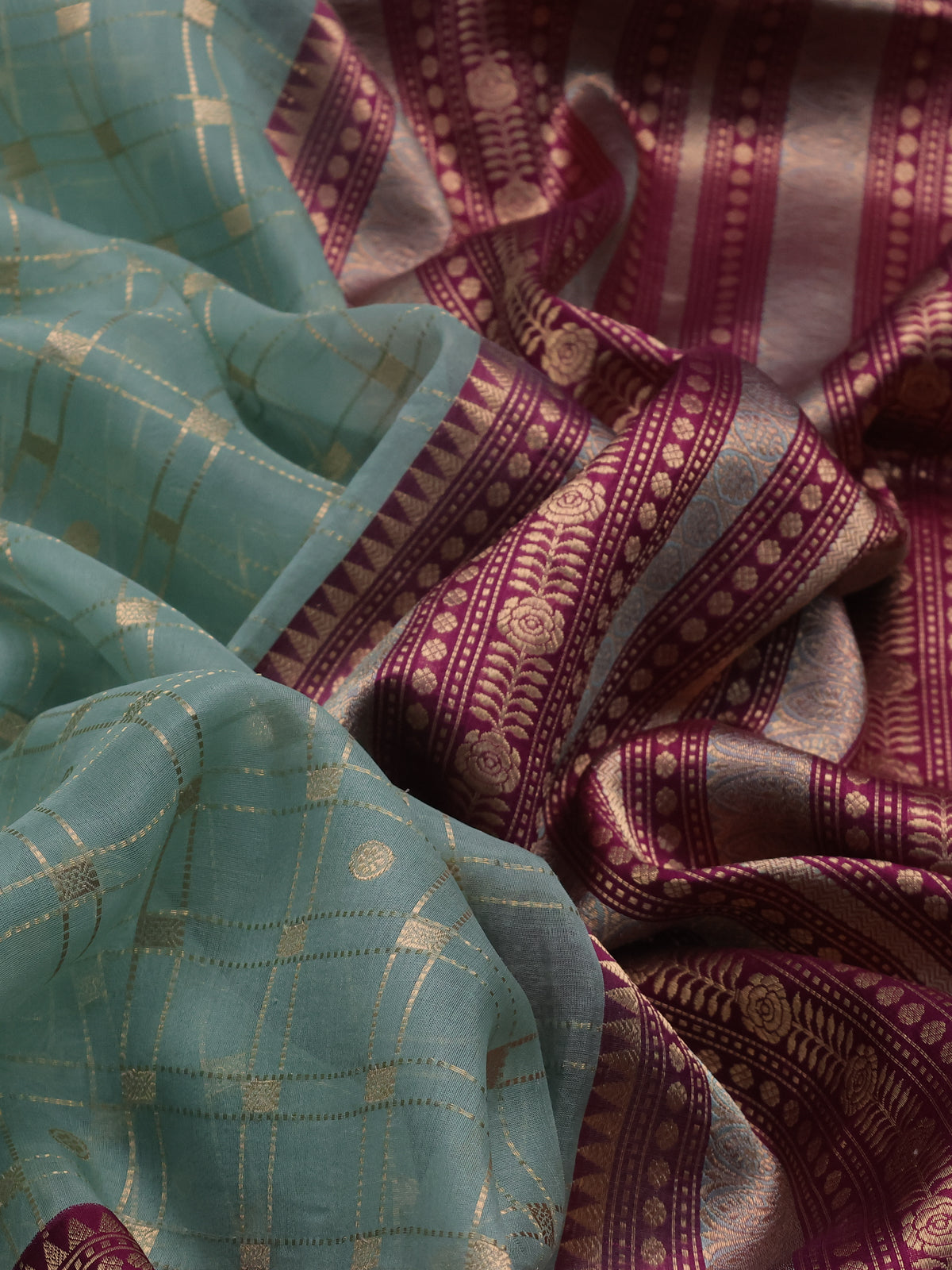 Teal Blue-Purple Banarasi Kora Saree