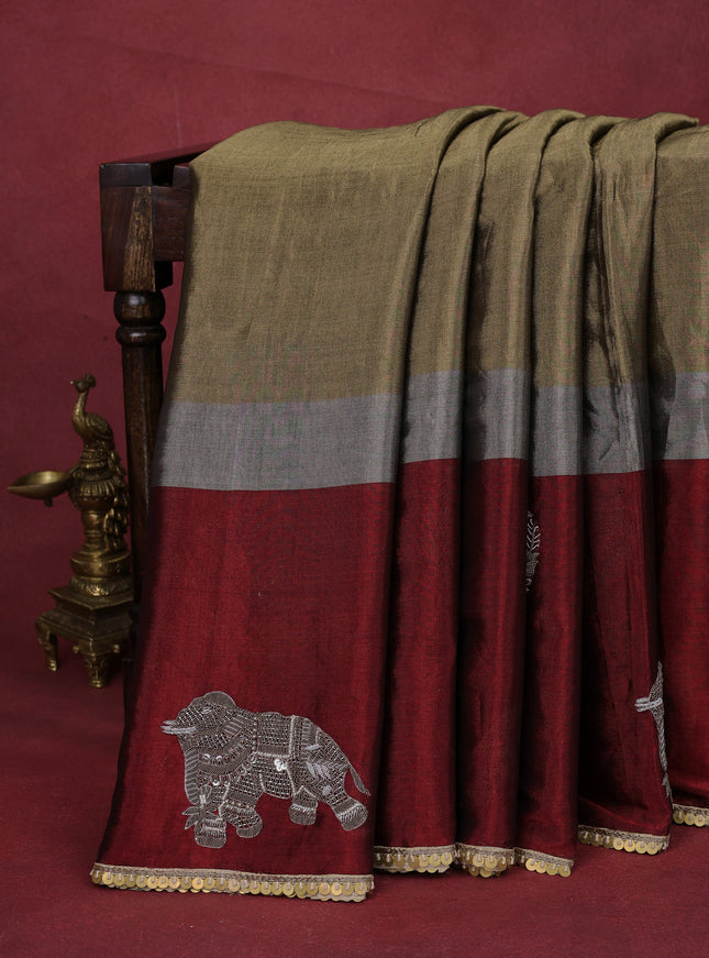 Gold-Maroon Tissue Silk Saree With Zardosi Work