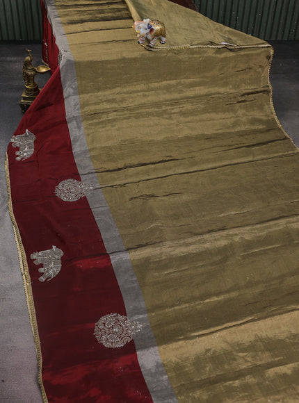Gold-Maroon Tissue Silk Saree With Zardosi Work