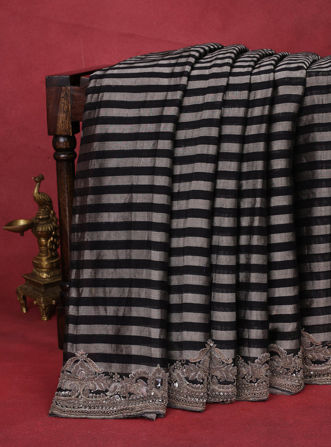 Grey-Black Tissue Silk Saree With Zardosi Work