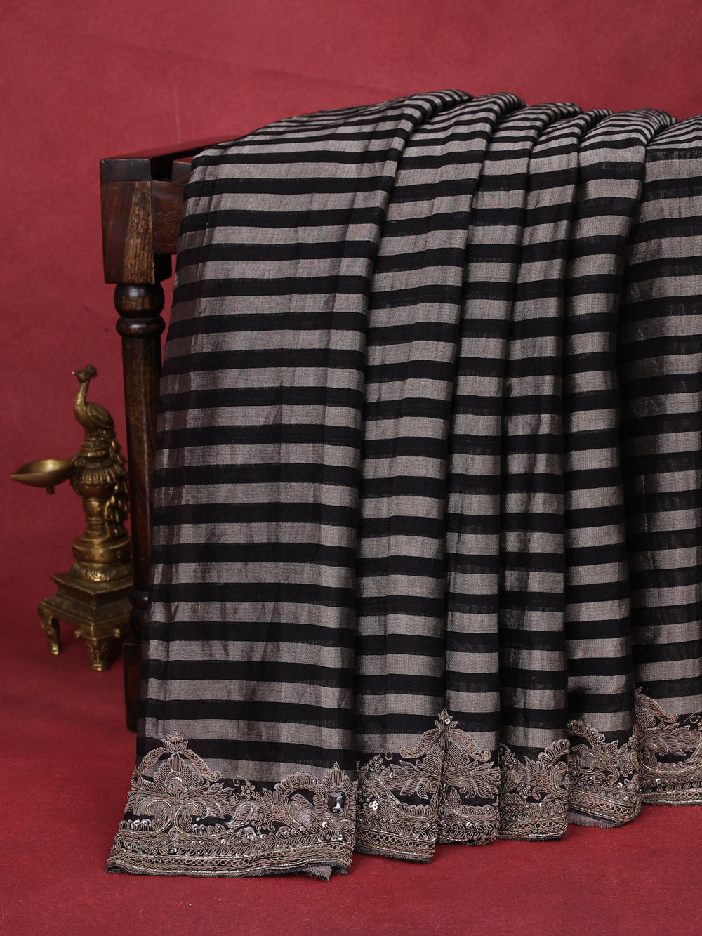 Grey-Black Tissue Silk Saree With Zardosi Work