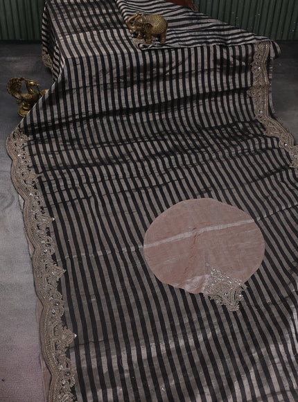 Grey-Black Tissue Silk Saree With Zardosi Work