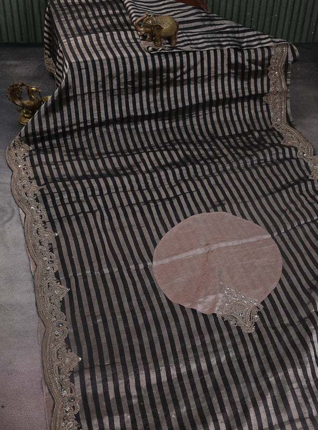 Grey-Black Tissue Silk Saree With Zardosi Work