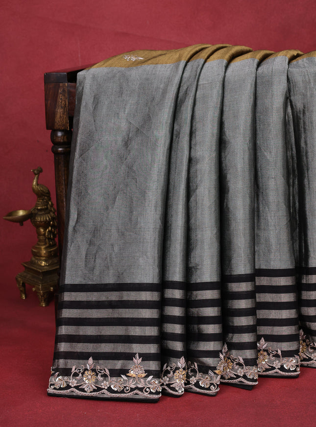 Gold-Grey Black Tissue Silk Saree With Zardosi Work