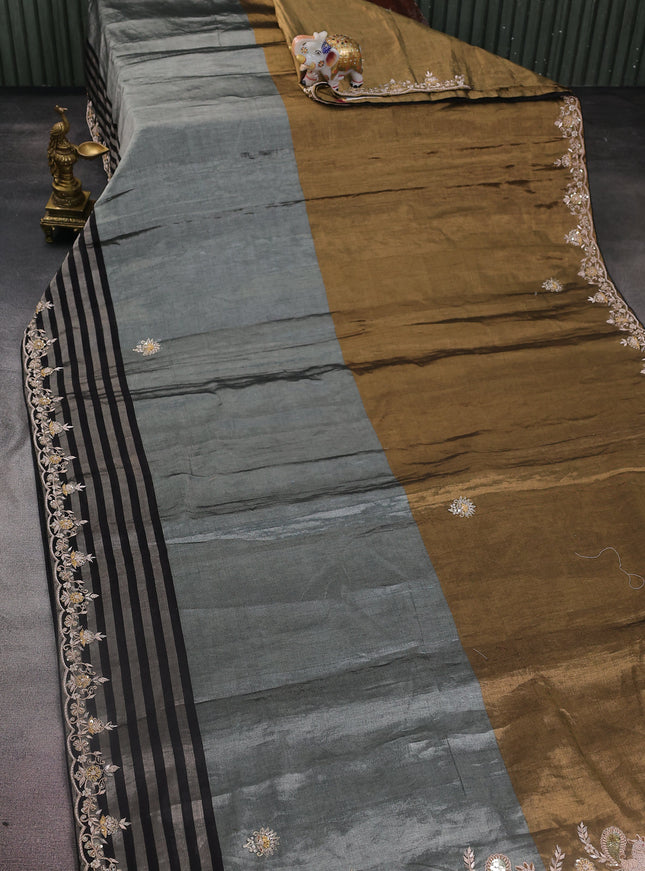 Gold-Grey Black Tissue Silk Saree With Zardosi Work