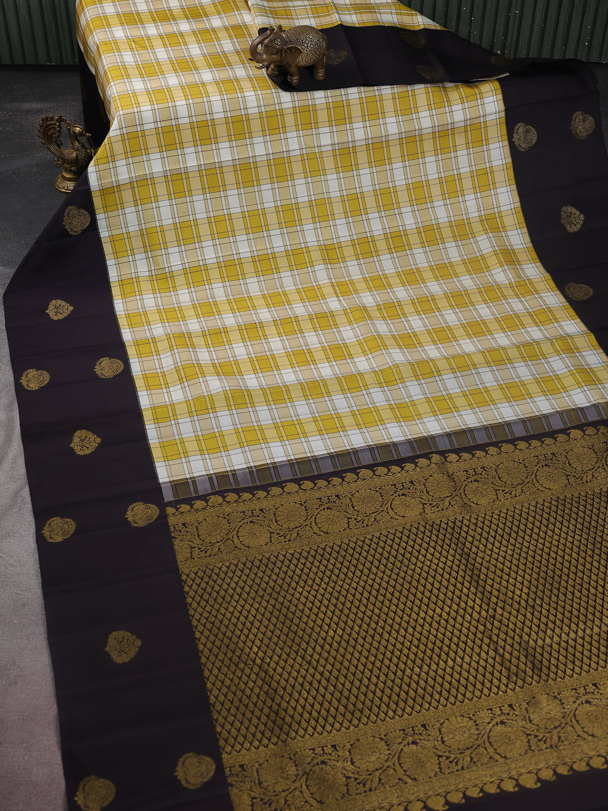 Yellow-Deep Jamun Pure Kanchipuram Silk Saree