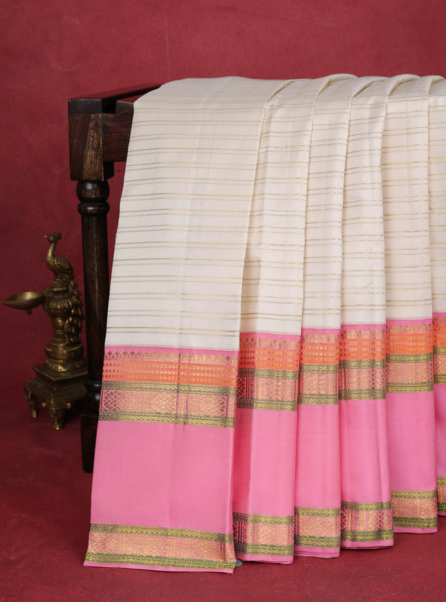 Off White-Light Pink Pure Kanchipuram Silk Saree