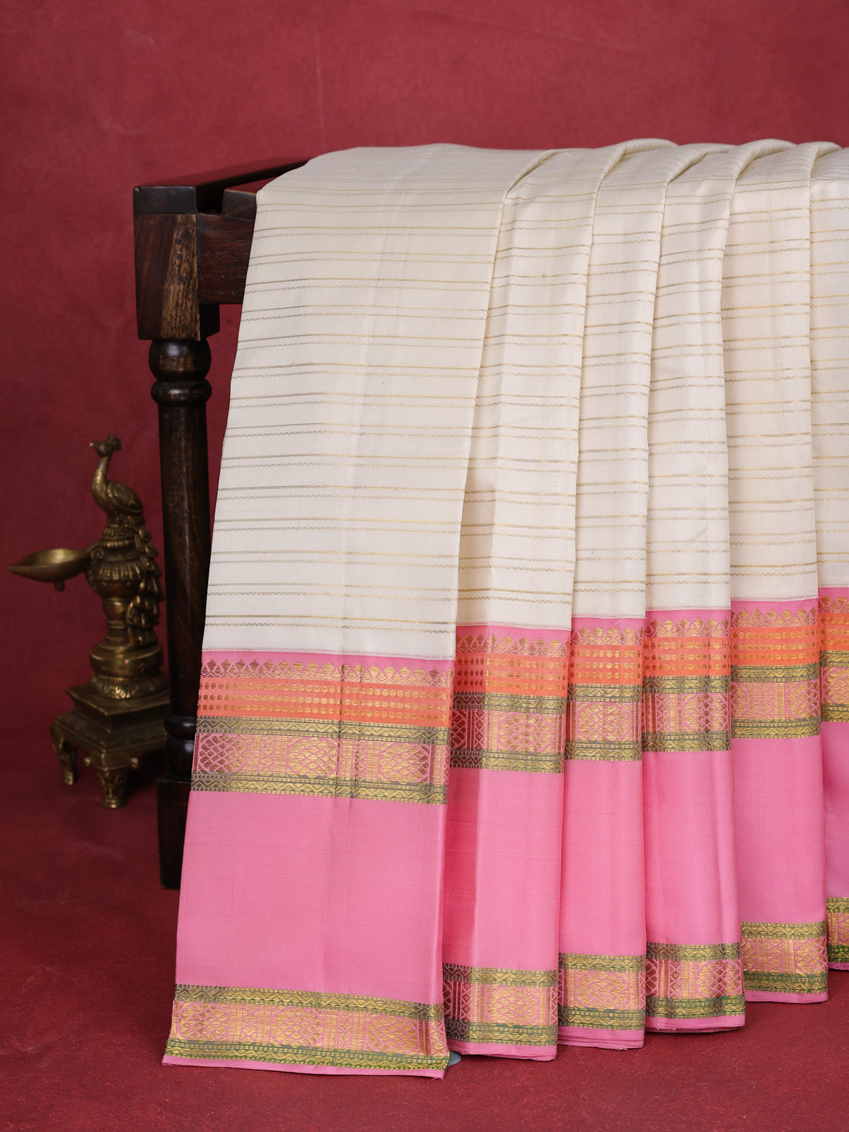 Off White-Light Pink Pure Kanchipuram Silk Saree