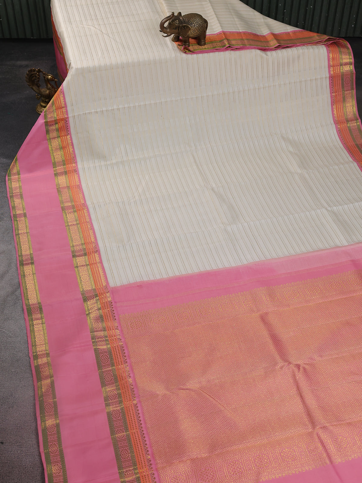 Off White-Light Pink Pure Kanchipuram Silk Saree